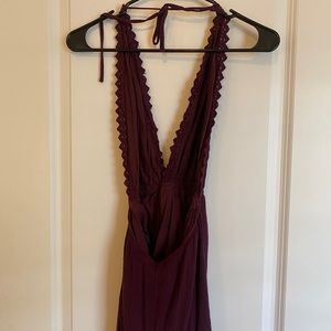 Backless v neck garnet romper with lace trim